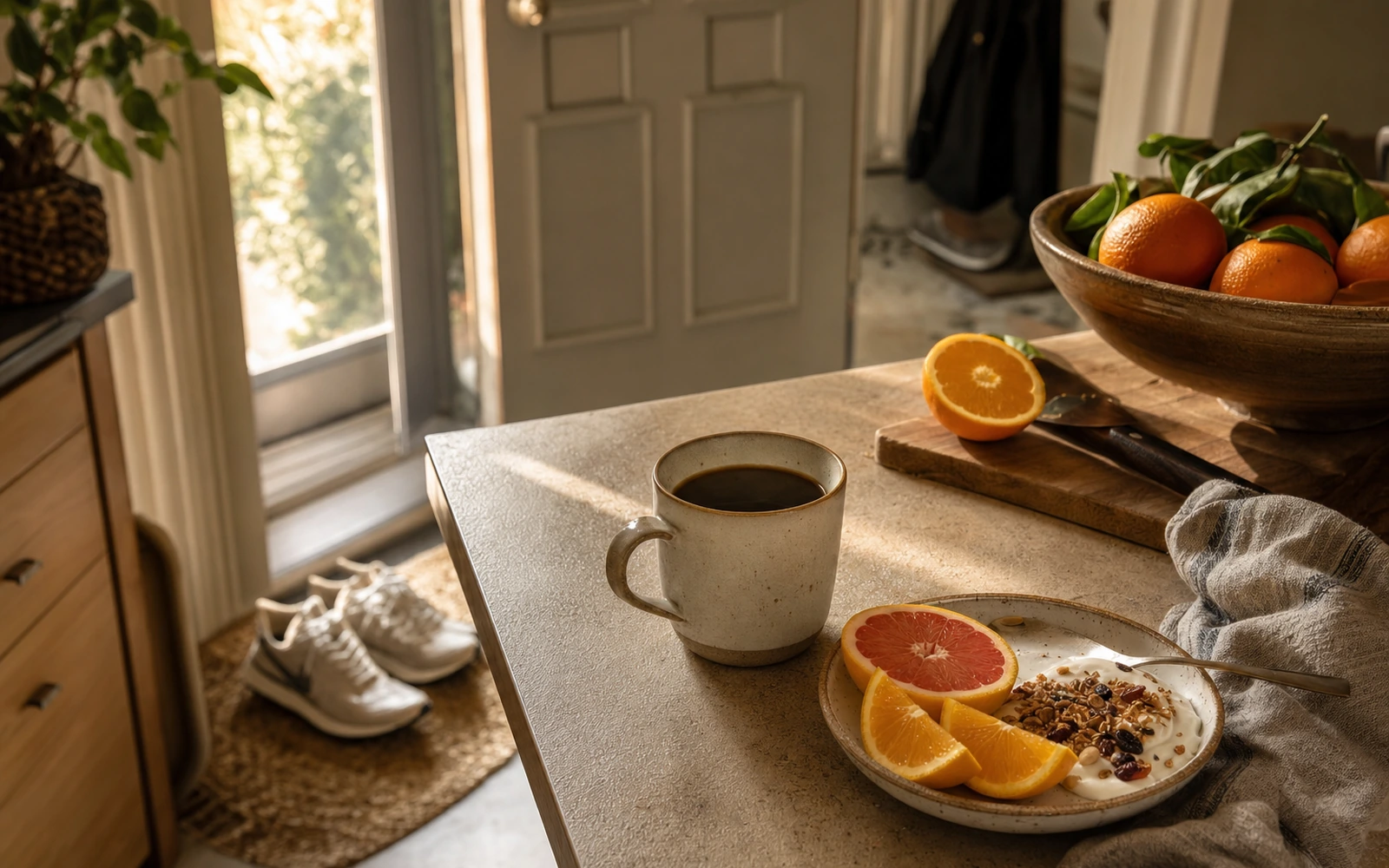 Morning kitchen counter with coffee, sneakers, citrus, and simple breakfast in warm light, no scale or body imagery.