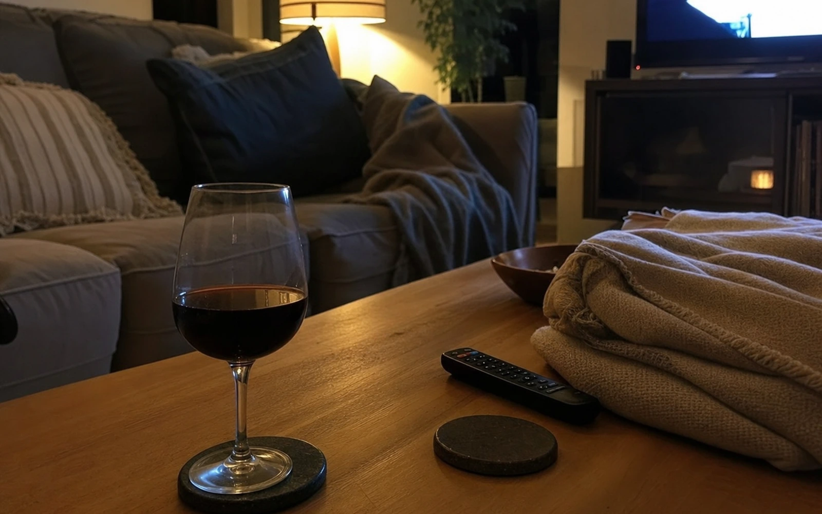 Living room coffee table at night with a glass of red wine, remote, and folded blanket.