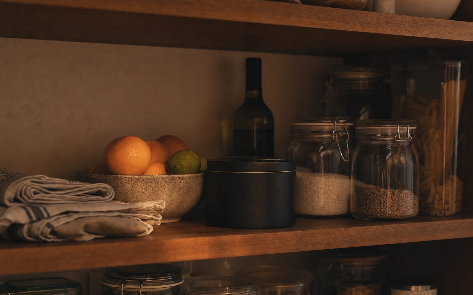 Warmly lit pantry shelf with citrus, jars, and a wine bottle set toward the back.