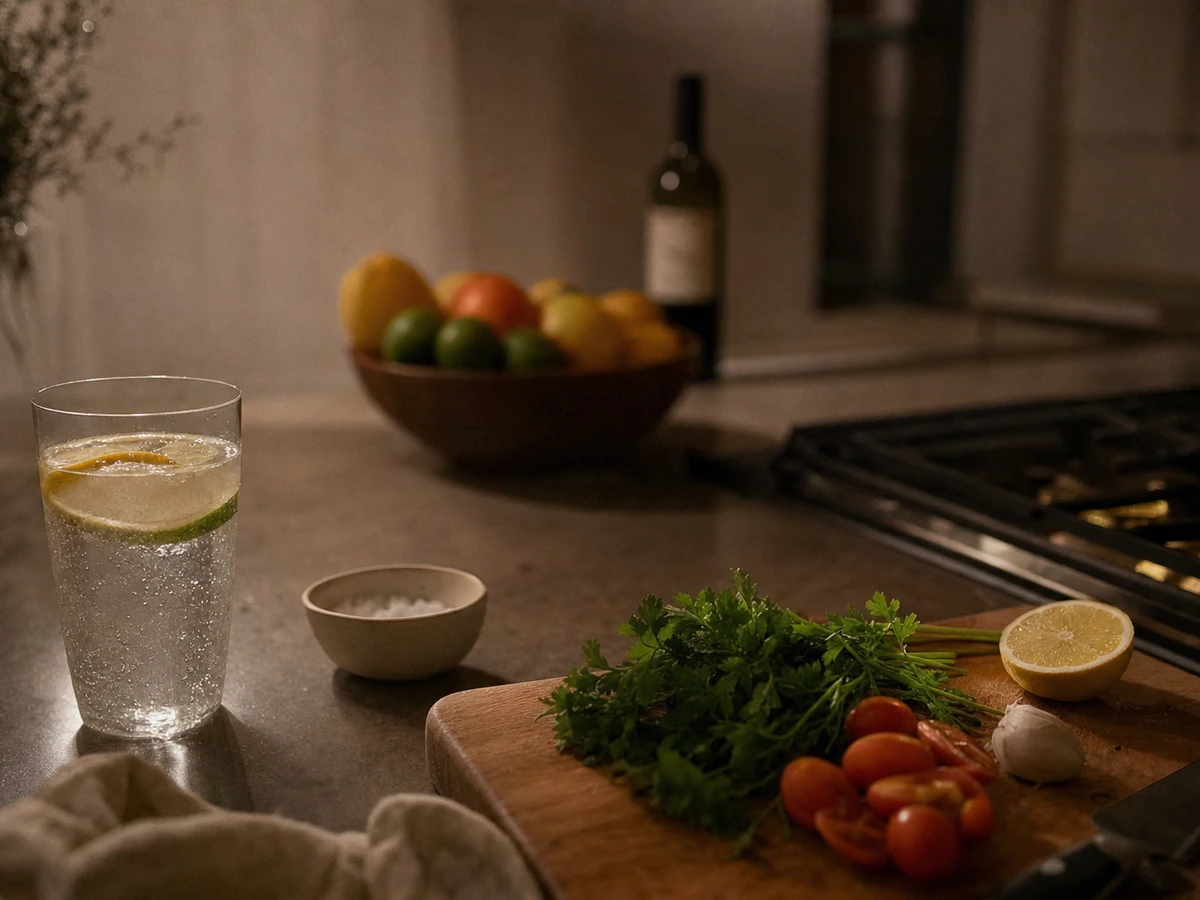 Sparkling water with lime on a warm kitchen counter.