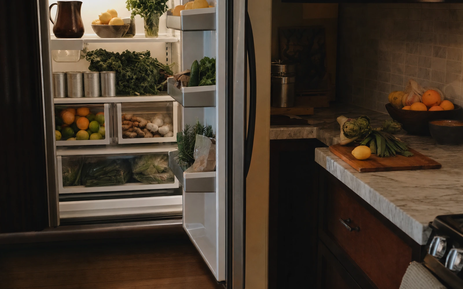 An open refrigerator stocked with citrus, herbs, and vegetables in a warm kitchen.