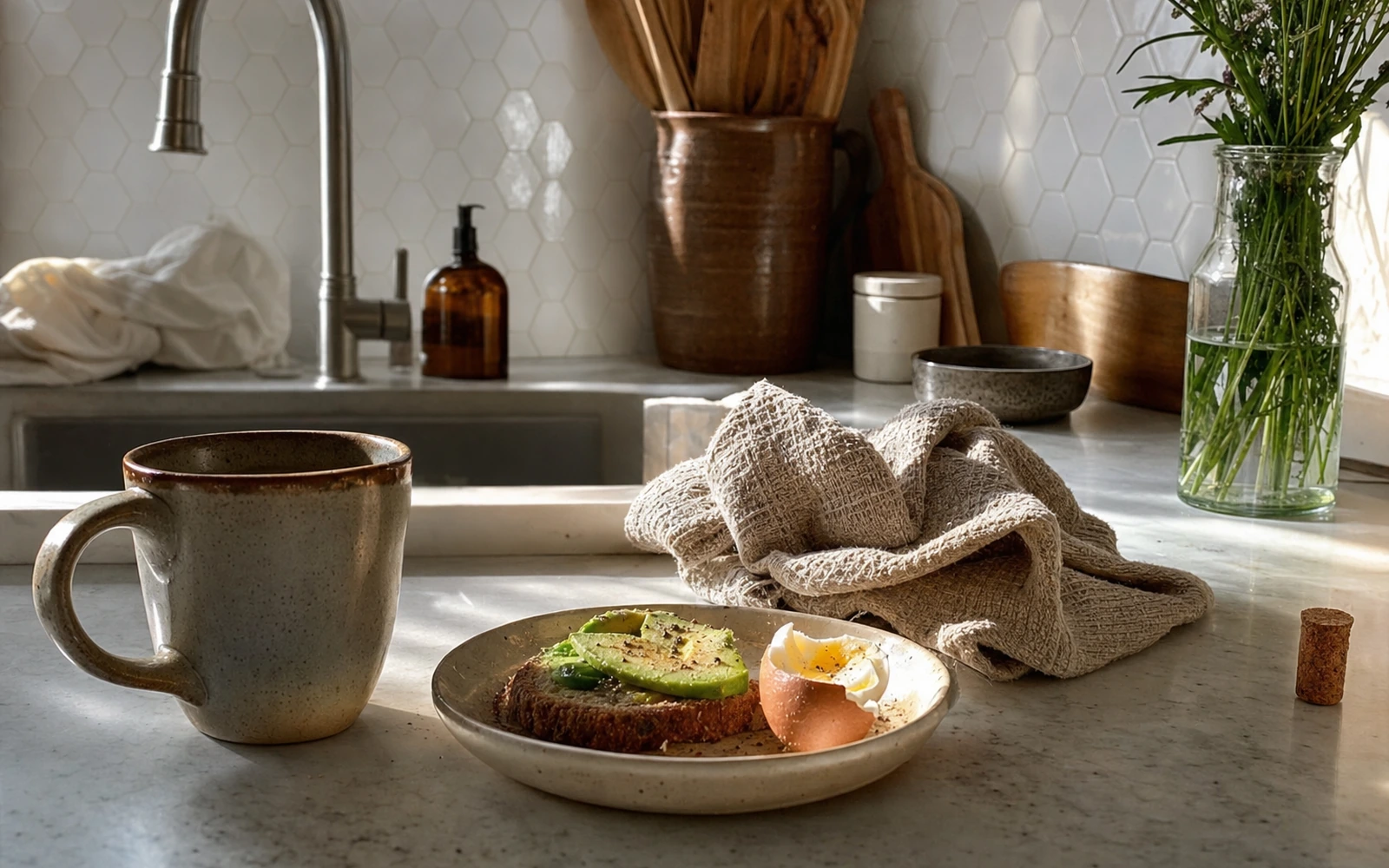 A sunlit kitchen counter the morning after with coffee, avocado toast, and a soft-boiled egg.