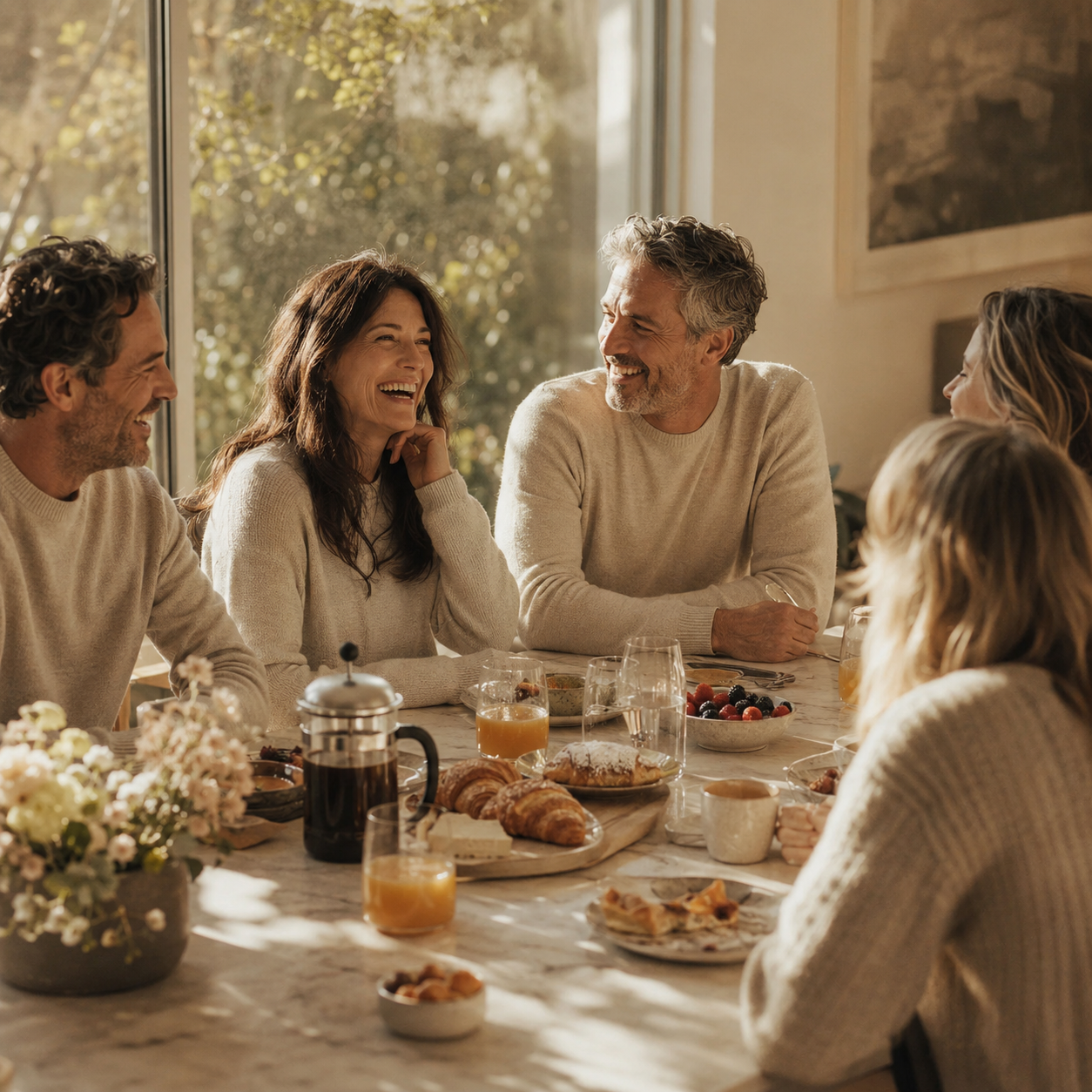 Friends sharing a clear-headed morning around the breakfast table, life after reducing alcohol with Onir