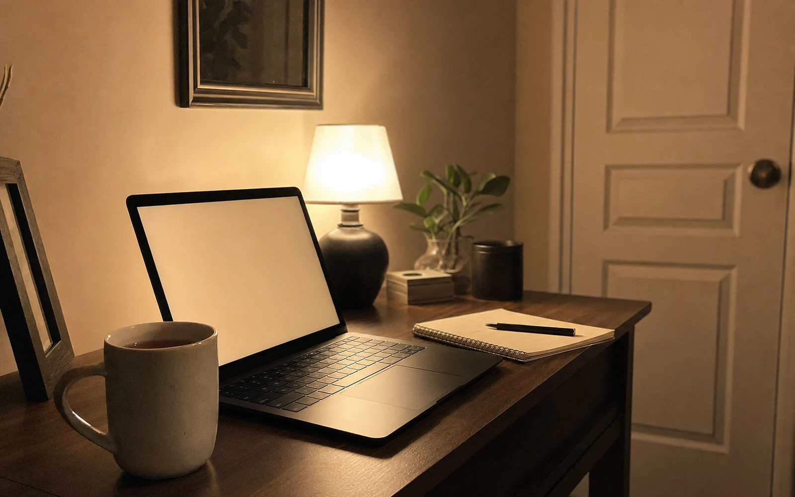 A quiet home desk at night with a laptop, lamp, mug, and notebook.