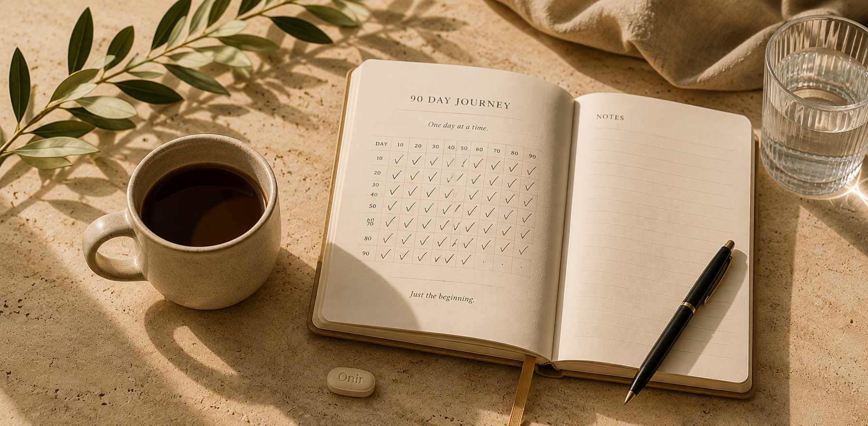 An open journal showing a 90 day journey tracker next to a coffee cup, pen, and an Onir tablet on a warm stone surface