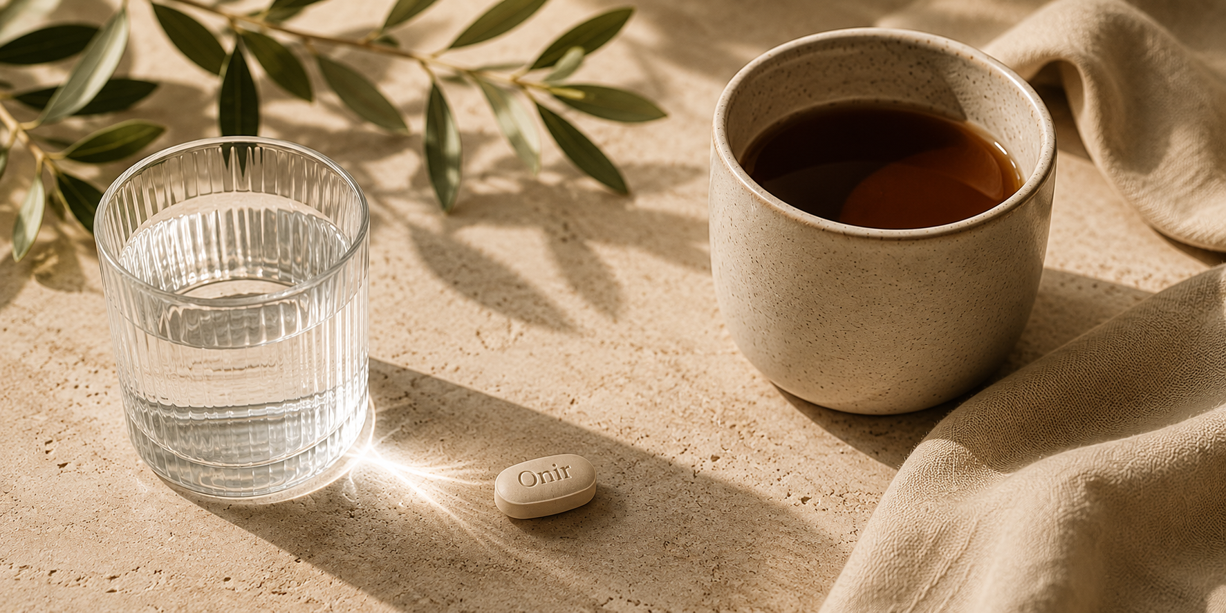 A glass of water, a cup of coffee, and an Onir naltrexone tablet on a warm stone surface