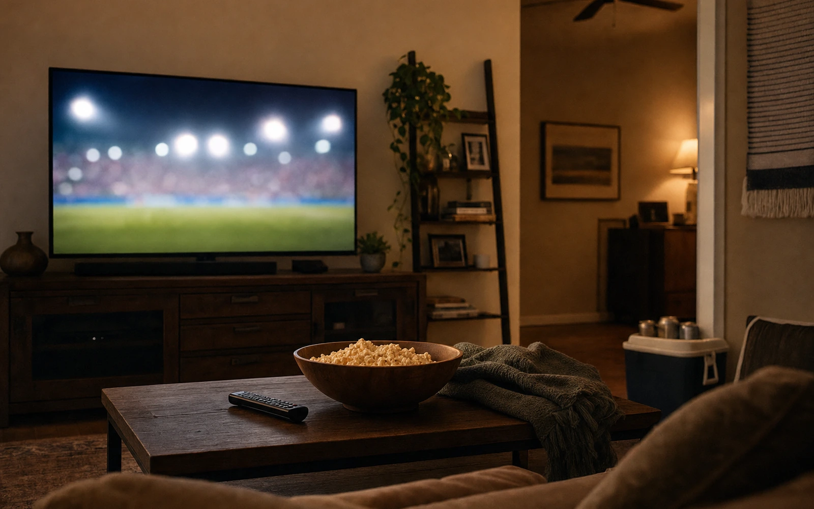 Living room sports night setup with remote, blank TV glow, snack bowl, and unlabeled cans in the background.