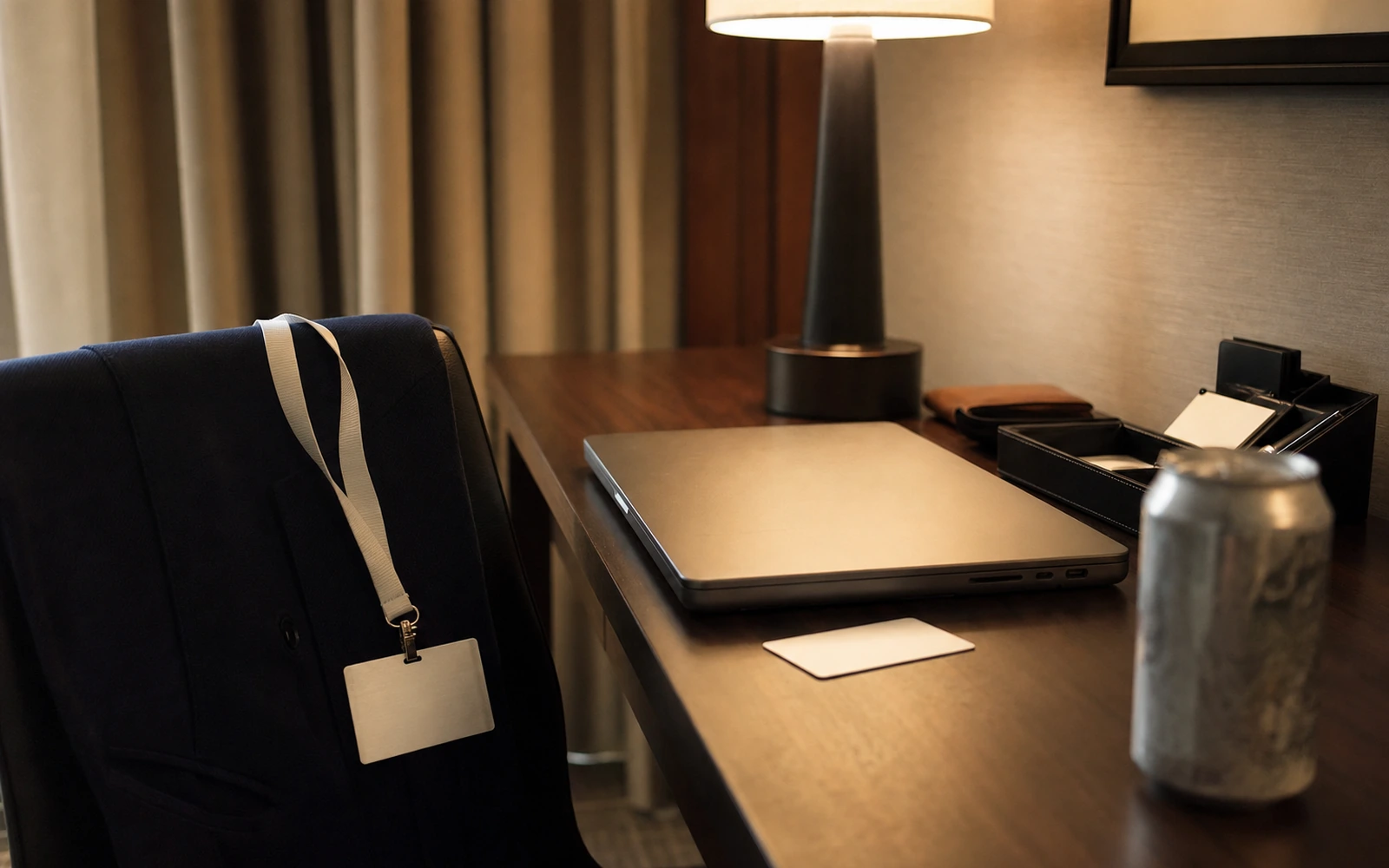 Hotel desk with blank conference lanyard, blazer, room key, closed laptop, and warm evening light.