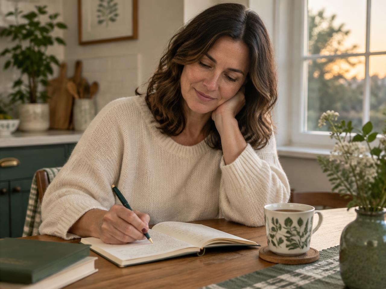 Woman journaling at her kitchen table in the evening